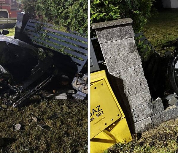 Groźny wypadek pod Grudziądzem. Kierowca ściął płot i zatrzymał się tuż przy przył