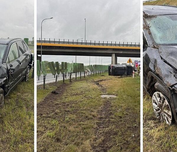 Dachowanie na autostradzie A1. Osobówka wypadła z drogi w okolicach Grudziądza