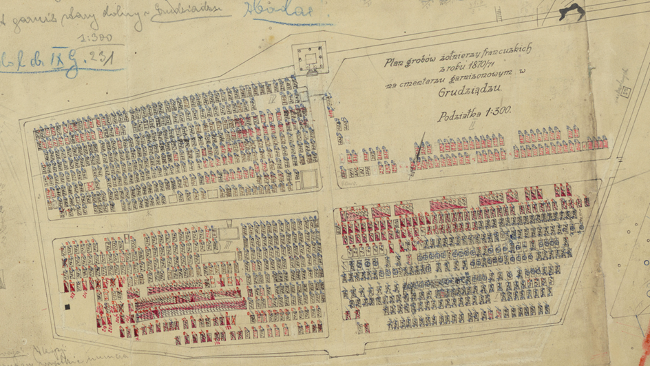 Plan pochówków Dolnego Cmentarza Garnizonowego tzw. francuskiego pochodź z 1923 roku przechowywanego w Archiwum Państwowym w Bydgoszczy.